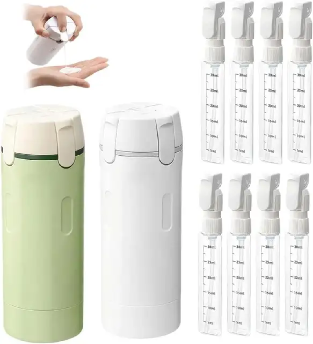 Dispensador portátil 4 em 1 de 30ml para produtos de higiene pessoal.
